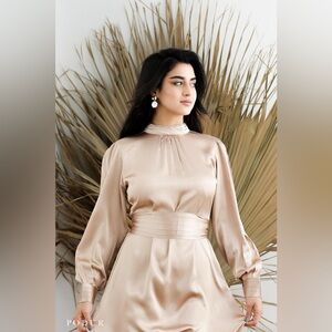Elegant Long Sleeve Satin Dress without Belt
